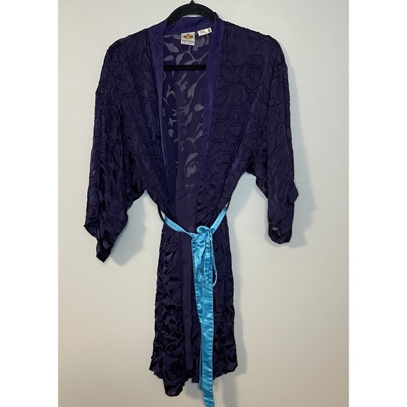 Mary Green Women's One Size Purple Silk Blend Robe With Blue Belt Vintage - Picture 2 of 7